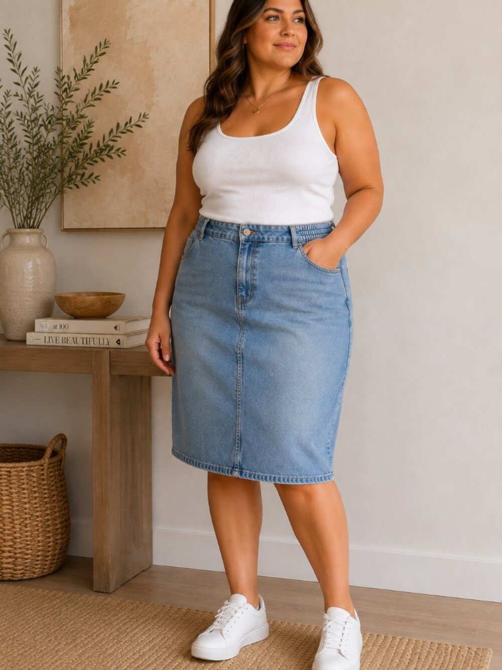 Vintage Jantzen Light Wash Denim Midi Skirt High‎ Rise 90s Size 16 ✨